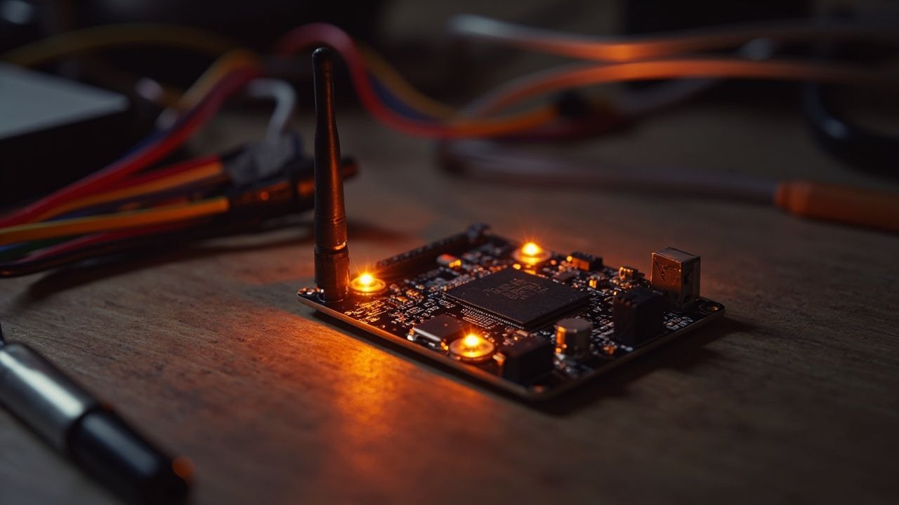 Imagen generada por IA con el prompt: Compact ESP32 development board with antenna and glowing status LEDs on a maker workbench, surrounded by jumper wires and a USB cable, soft warm lighting, editorial tech photography style.