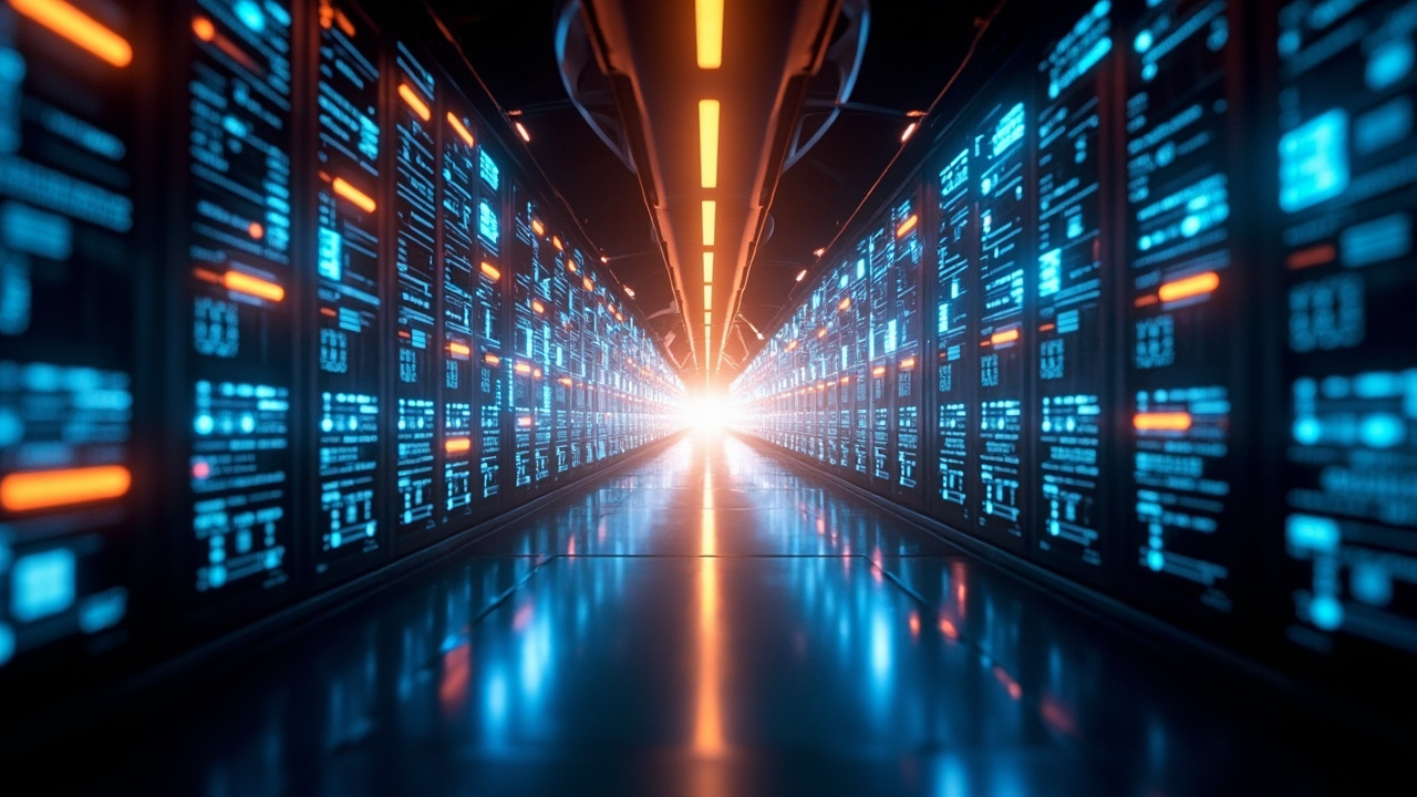 Imagen generada por IA con el prompt: Abstract data center corridor glowing with blue and orange light streams converging in the center, symbolizing cloud infrastructure and AI model integration, modern corporate tech aesthetic