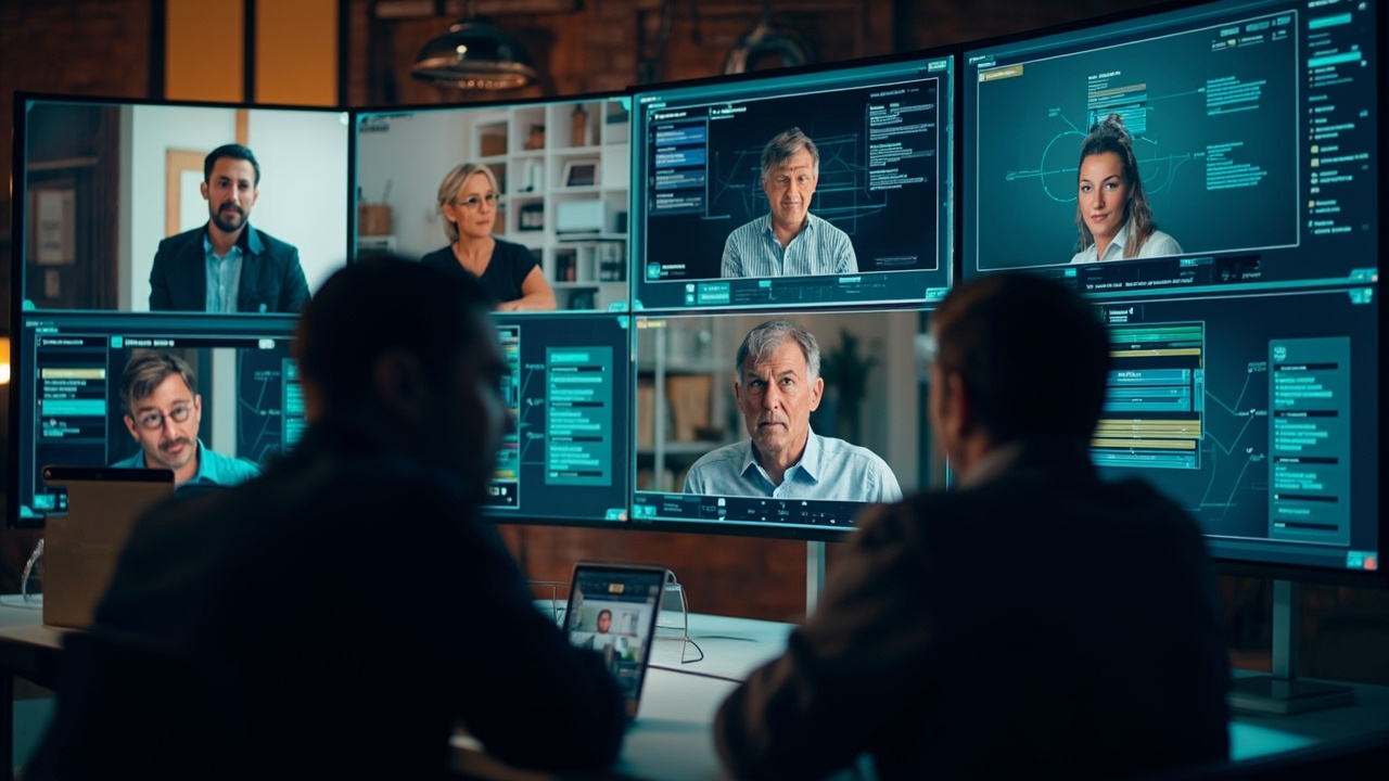 Imagen generada por IA con el prompt: A diverse team of software engineers collaborating remotely on a video call, with screens showing diagrams of SaaS integrations and browser automation workflows, abstract digital art style.