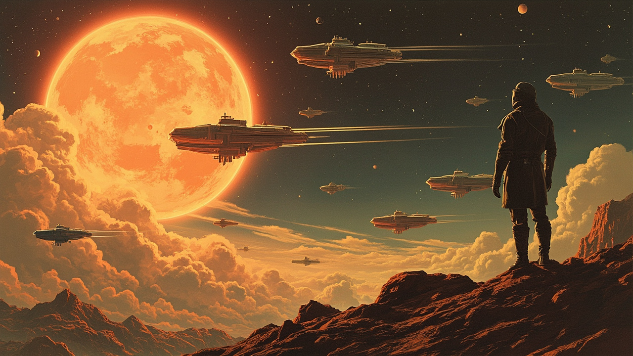 Imagen generada por IA con el prompt: Vintage sci-fi magazine illustration, 1930s pulp style, a lone human silhouette watching a fleet of sleek alien spaceships entering the solar system, retrofuturistic machines in the foreground, cosmic backdrop
