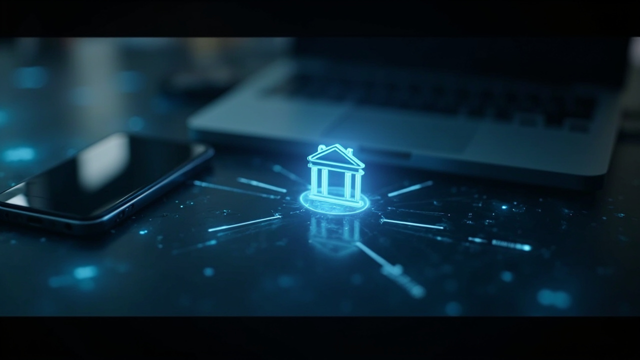Imagen generada por IA con el prompt: A smartphone and a laptop on a desk, a glowing gate icon in the center symbolizing app store gatekeeper, arrows representing distribution channels, minimalist digital illustration style, no faces or logos.