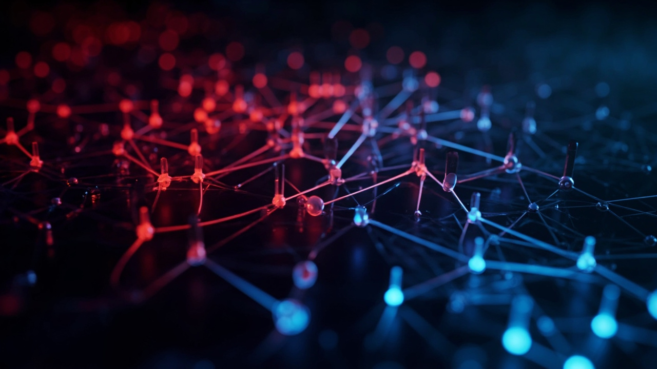 Imagen generada por IA con el prompt: Abstract 3D rendering of a B-tree index structure with red and blue nodes representing performance overhead, dark gradient background, technical editorial illustration, glowing accents