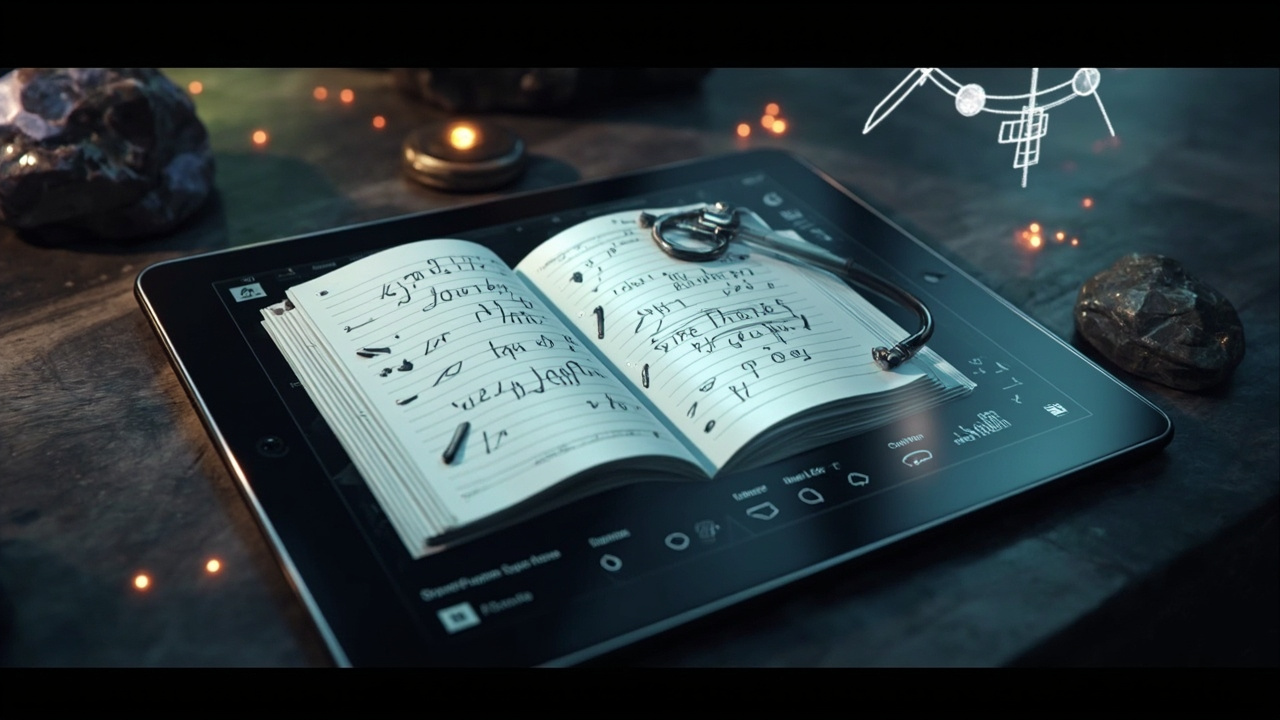 Imagen generada por IA con el prompt: A tablet displaying a malleable notebook with handwritten notes and gestural controls, surrounded by glowing rune stones and floating diagrams, sleek and imaginative.