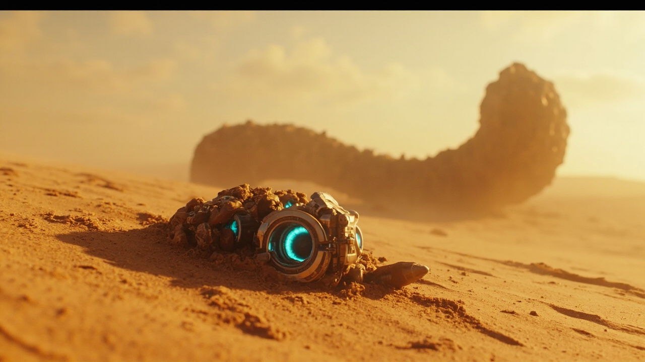 Imagen generada por IA con el prompt: A vast desert landscape with a colossal sandworm in the background, a broken robot arm half-buried in sand, glowing blue eyes, cinematic lighting, epic science fiction style, no faces.