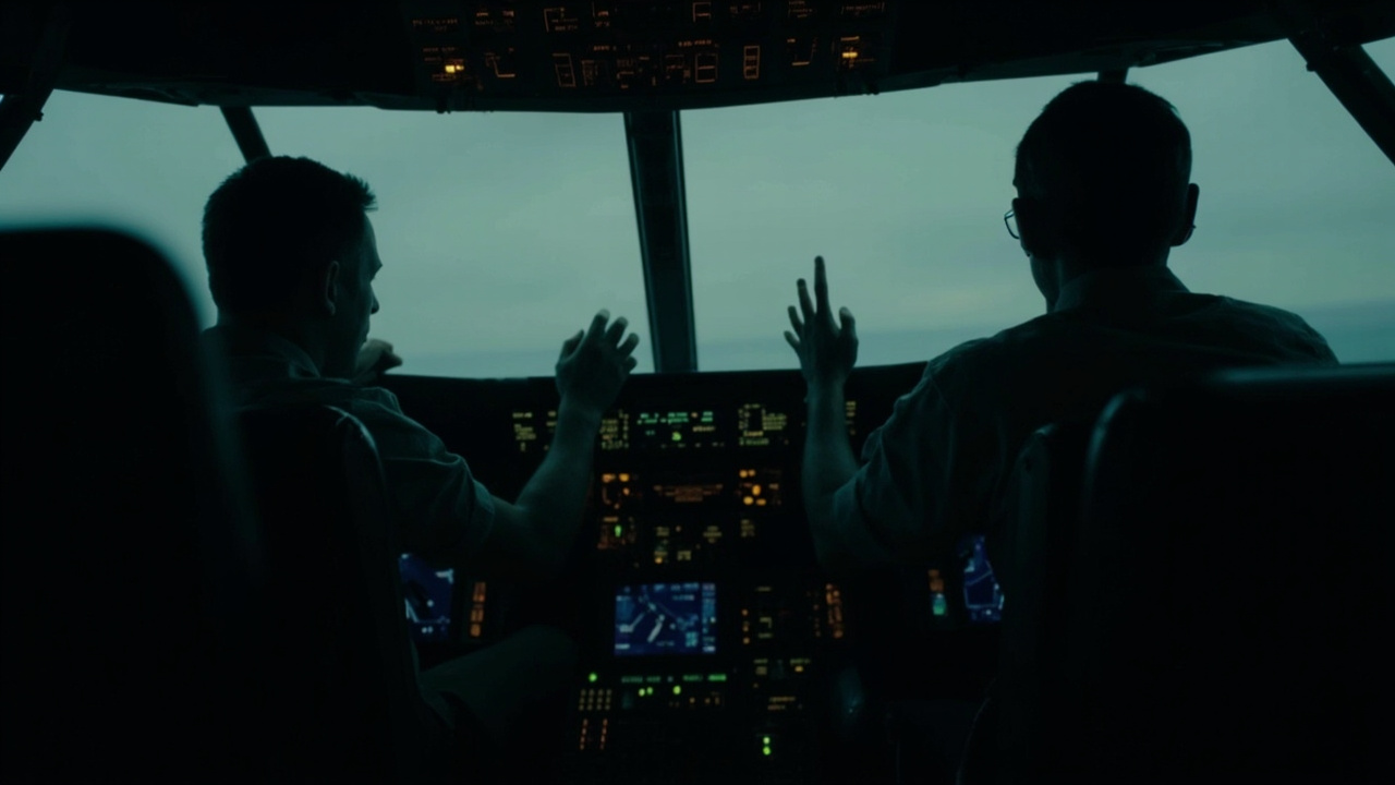 Imagen generada por IA con el prompt: Cockpit with hands off the controls, autopilot engaged, pilot gazing out the window, dim instrument glow, editorial illustration style, muted tones