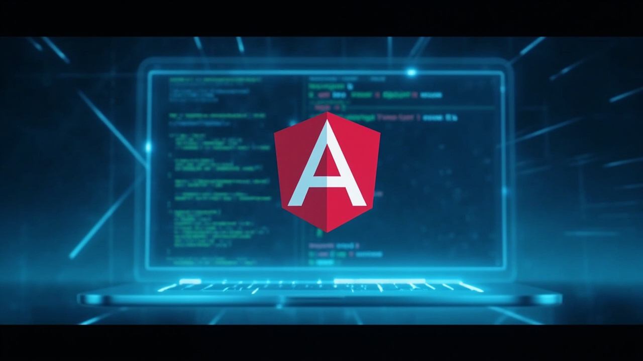 Imagen generada por IA con el prompt: Minimalist editorial illustration of the Angular shield logo in red, a glowing computer screen showing TypeScript code snippets, a subtle grid background, modern web dev aesthetic, soft blue and white tones.