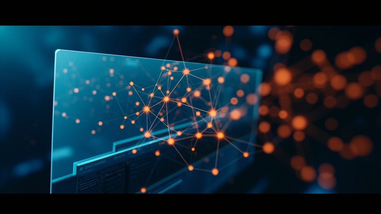Imagen generada por IA con el prompt: Translucent browser window overlaid with a glowing network of nodes and connecting edges forming a routing graph, blue and orange gradient, technical editorial style, abstract optimization concept.