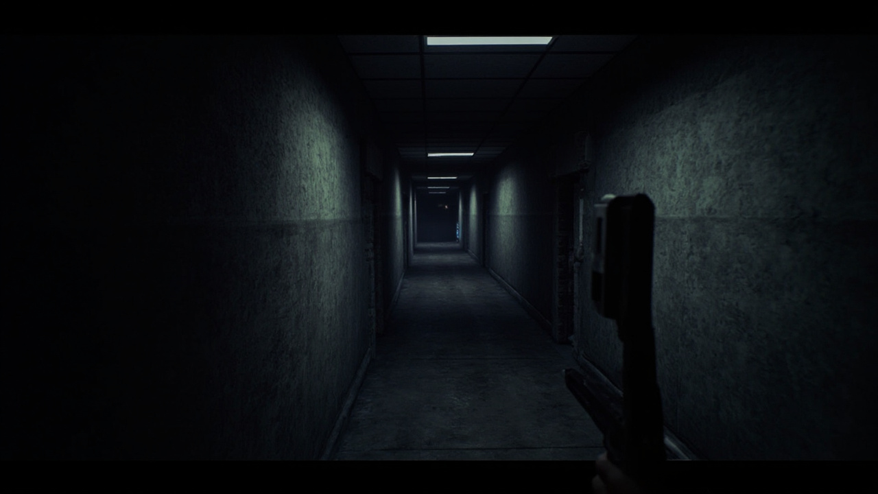 Imagen generada por IA con el prompt: Retro 3D first-person shooter corridor in low-resolution 256-color VGA palette, pixelated walls with simple textures, moody distance fog, dim pixel-art lighting, 1990s PC game aesthetic