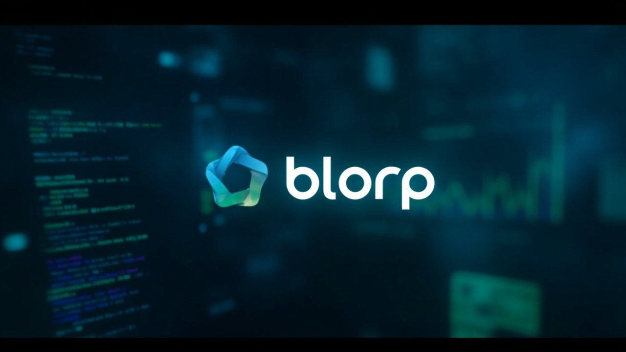 Imagen generada por IA con el prompt: Abstract background with code snippets, benchmark charts, and a sleek modern logo for blorp, blue and green color scheme, no faces or text, style of technical illustration.
