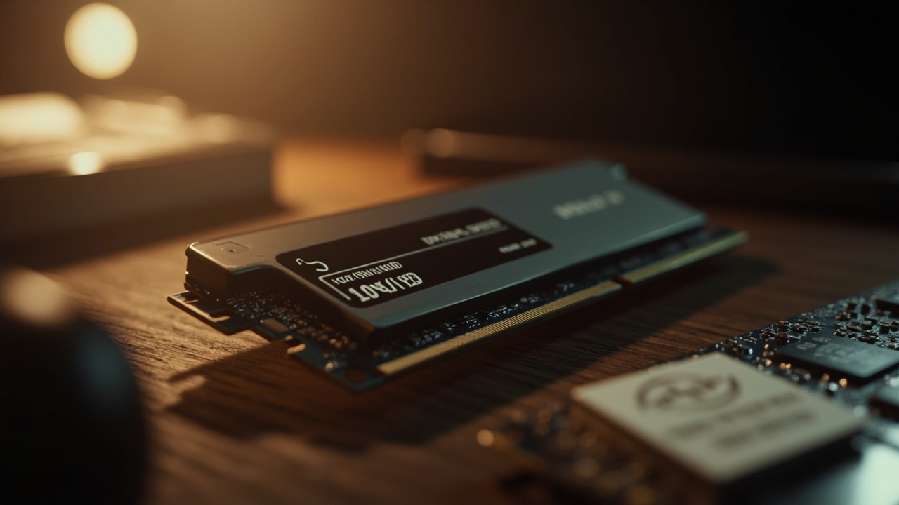 Imagen generada por IA con el prompt: NVMe SSD drive and DDR4 RAM sticks on a wooden desk, soft warm editorial lighting, subtle discount tags floating around, tech hardware photography, no people, no text