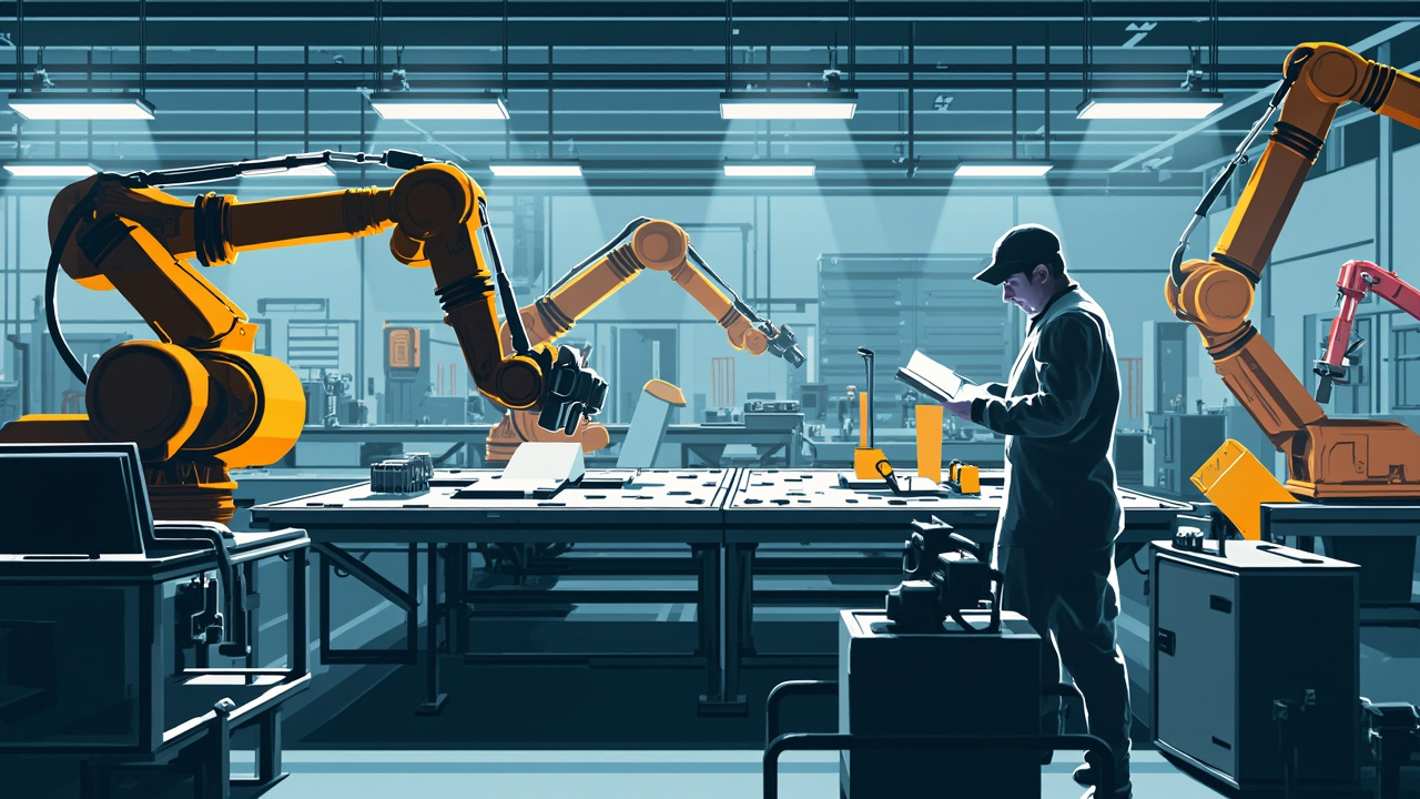 Imagen generada por IA con el prompt: A stylized illustration of an automated assembly line with robotic arms and human workers, incorporating lean manufacturing concepts like single-piece flow and poka-yoke, with quality checkpoints. Minimalist industrial s