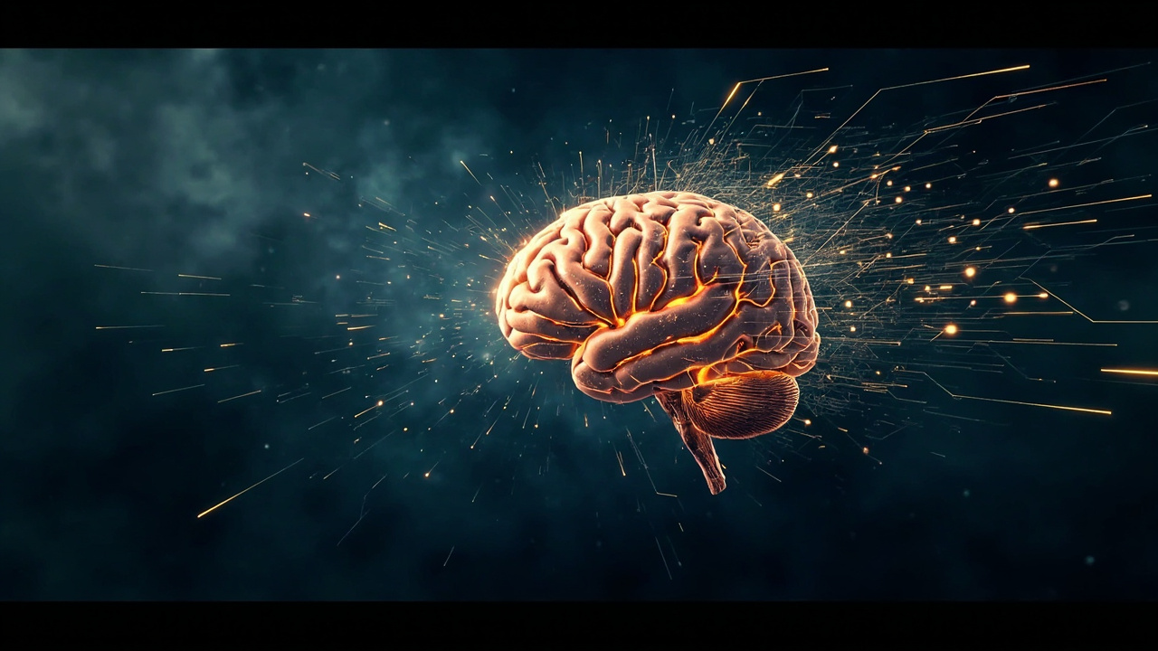 Imagen generada por IA con el prompt: Stylized glowing brain morphing into abstract geometric circuits expanding into a dark void, editorial concept art, cool blue and amber tones, no logos or faces