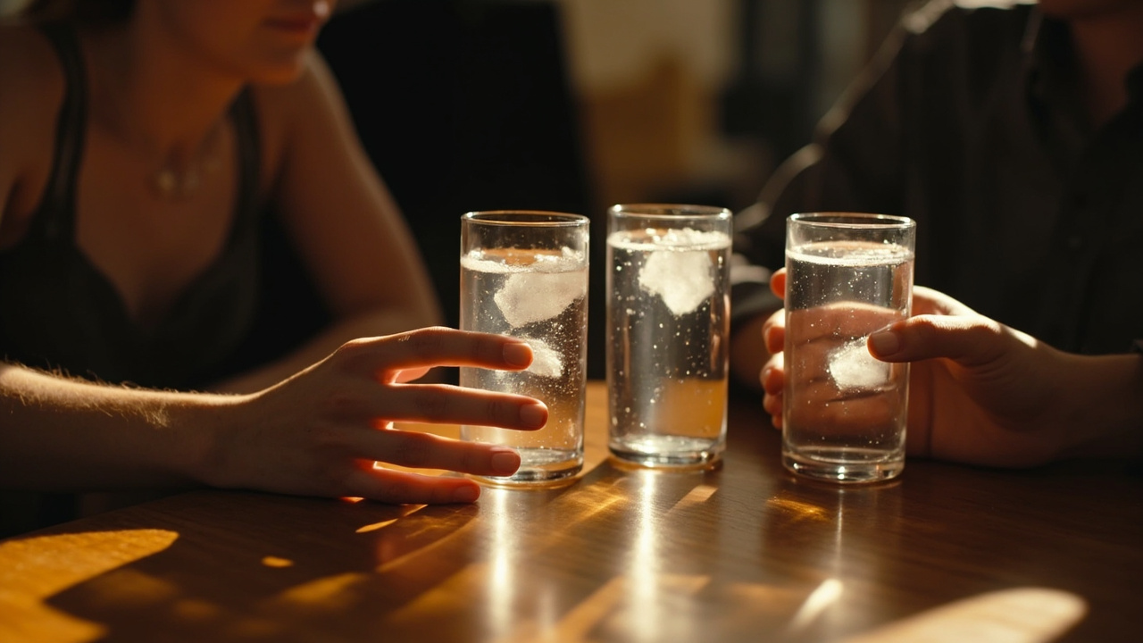 Imagen generada por IA con el prompt: Three friends taste-testing identical glasses of sparkling water at a wooden table, soft natural light, minimalist editorial photography, shallow depth of field