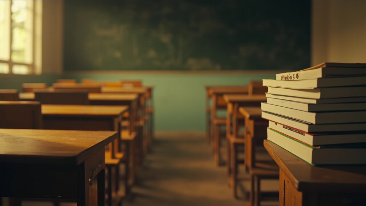 Imagen generada por IA con el prompt: Empty wooden school desks in an Indian classroom, a stack of new textbooks with a downward population graph, warm afternoon light, editorial illustration style, muted colors