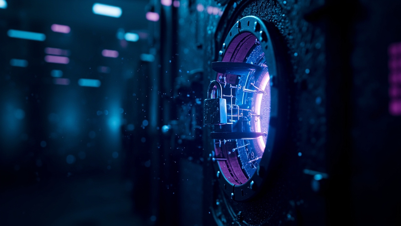 Imagen generada por IA con el prompt: Abstract glowing digital vault with cracked padlock, floating binary code, dark blue and purple gradient, cybersecurity editorial style, no text, no faces, no logos