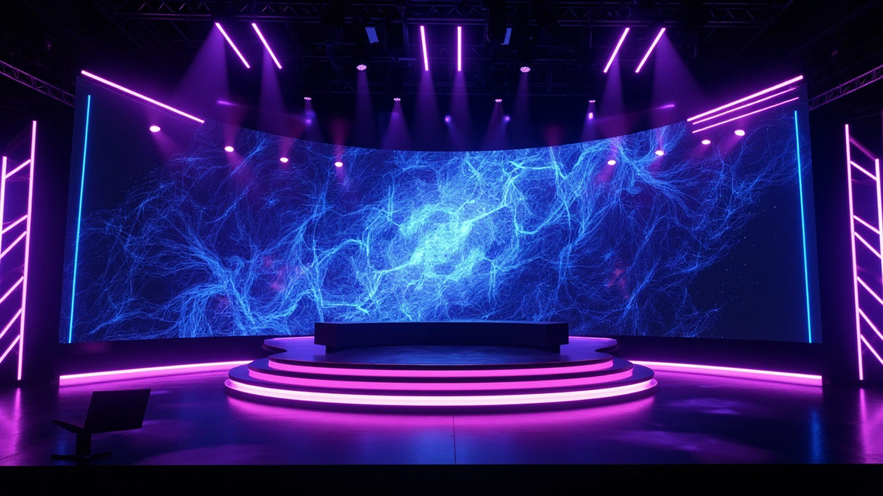 Imagen generada por IA con el prompt: Modern conference stage bathed in purple and blue neon lights, abstract AI neural network pattern flowing on a giant curved screen, editorial tech style, no visible people, no text