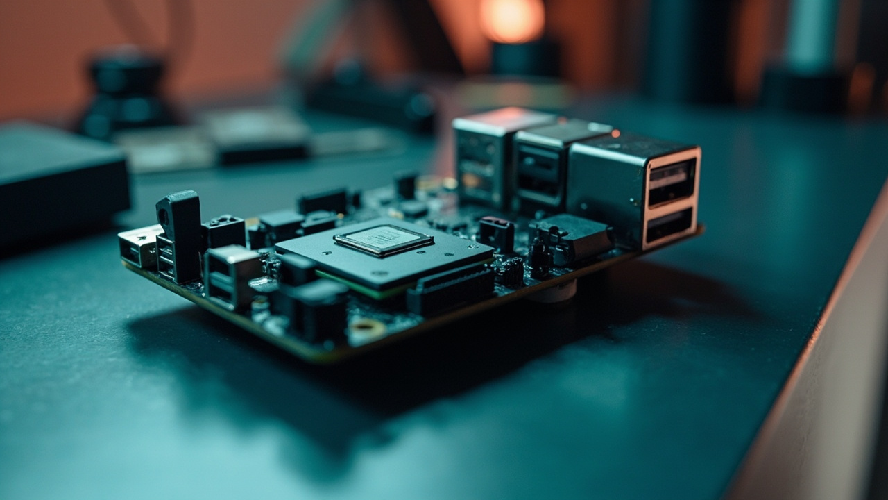 Imagen generada por IA con el prompt: Close-up editorial photo of an exposed single-board computer with Qualcomm chip, USB-C ports and M.2 slots, placed next to a Raspberry Pi 5 on a clean workbench, soft studio lighting, no logos