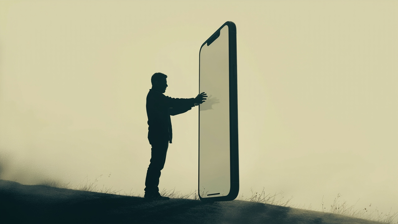 Imagen generada por IA con el prompt: Silhouette of a man standing on tiptoes beside an oversized smartphone, exaggerated vertical perspective, editorial illustration, muted tones, no logos or text