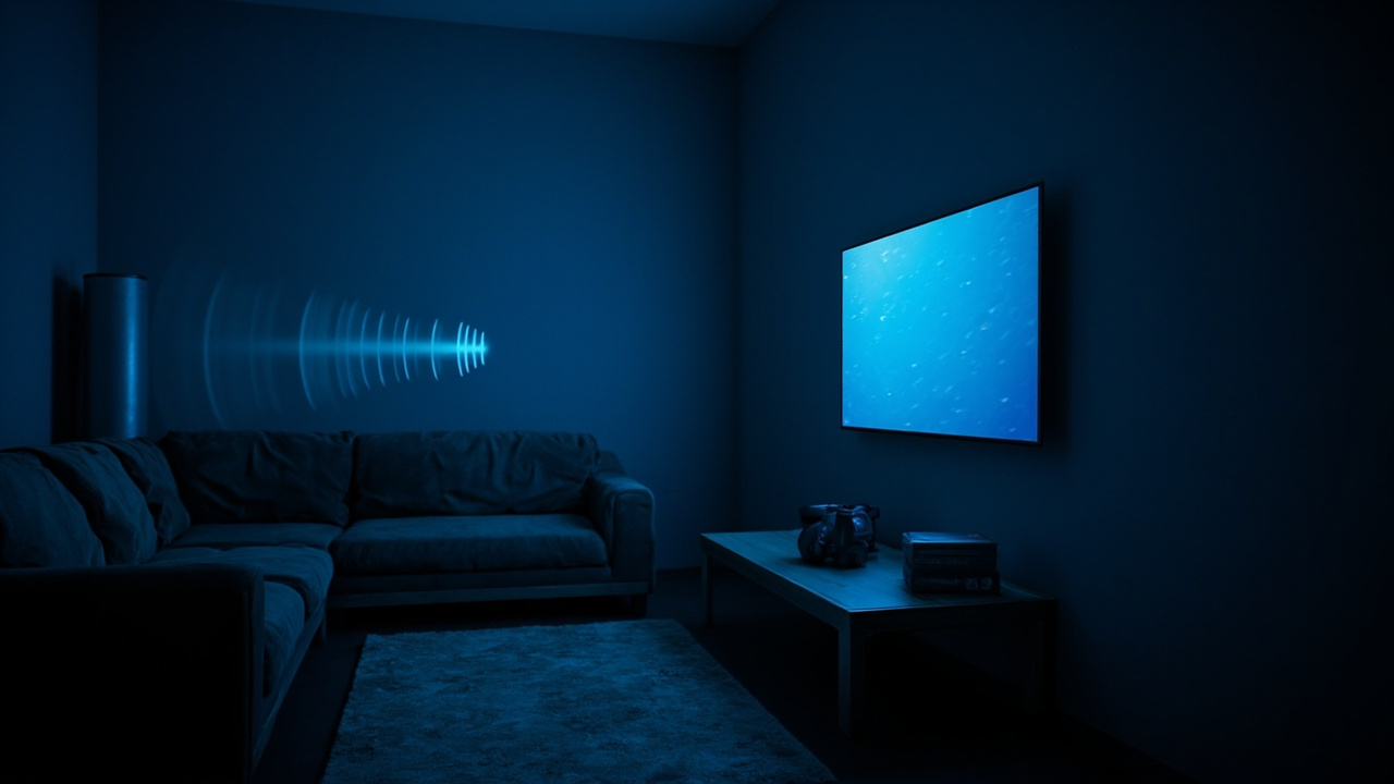 Imagen generada por IA con el prompt: A living room at night, a large smart TV glowing on the wall with subtle WiFi signal waves emanating from it, casting blue light on an empty couch, dark cybersecurity editorial illustration style, no recognizable faces