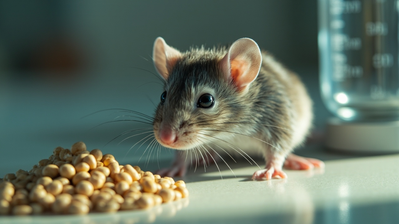 Imagen generada por IA con el prompt: Stylized editorial illustration of a slim laboratory mouse beside a small food pellet pile and a measuring scale, soft lab lighting, science magazine aesthetic, muted tones.
