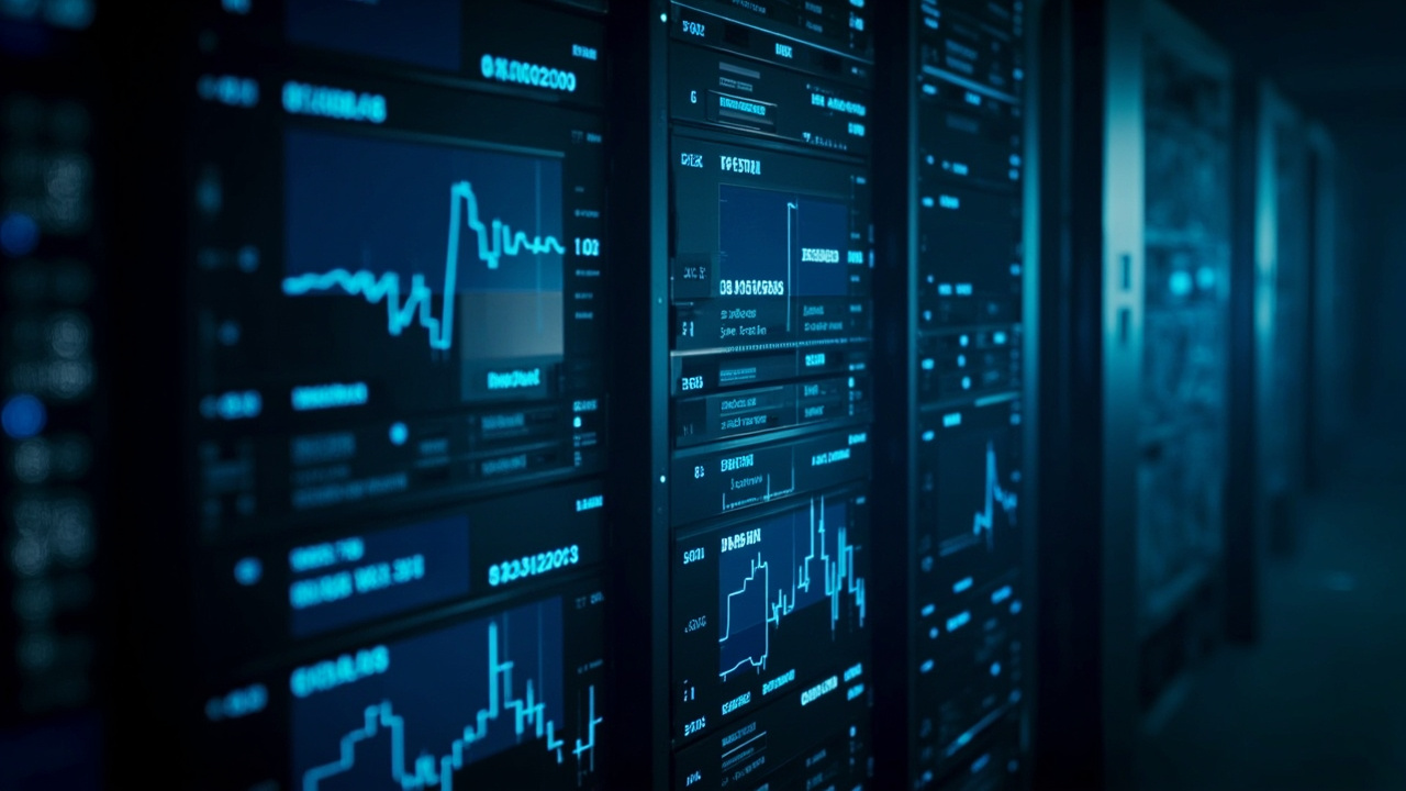Imagen generada por IA con el prompt: Editorial illustration of multiple database servers in a data center, with performance charts and graphs showing comparative metrics, clean and modern style, no recognizable faces or logos.