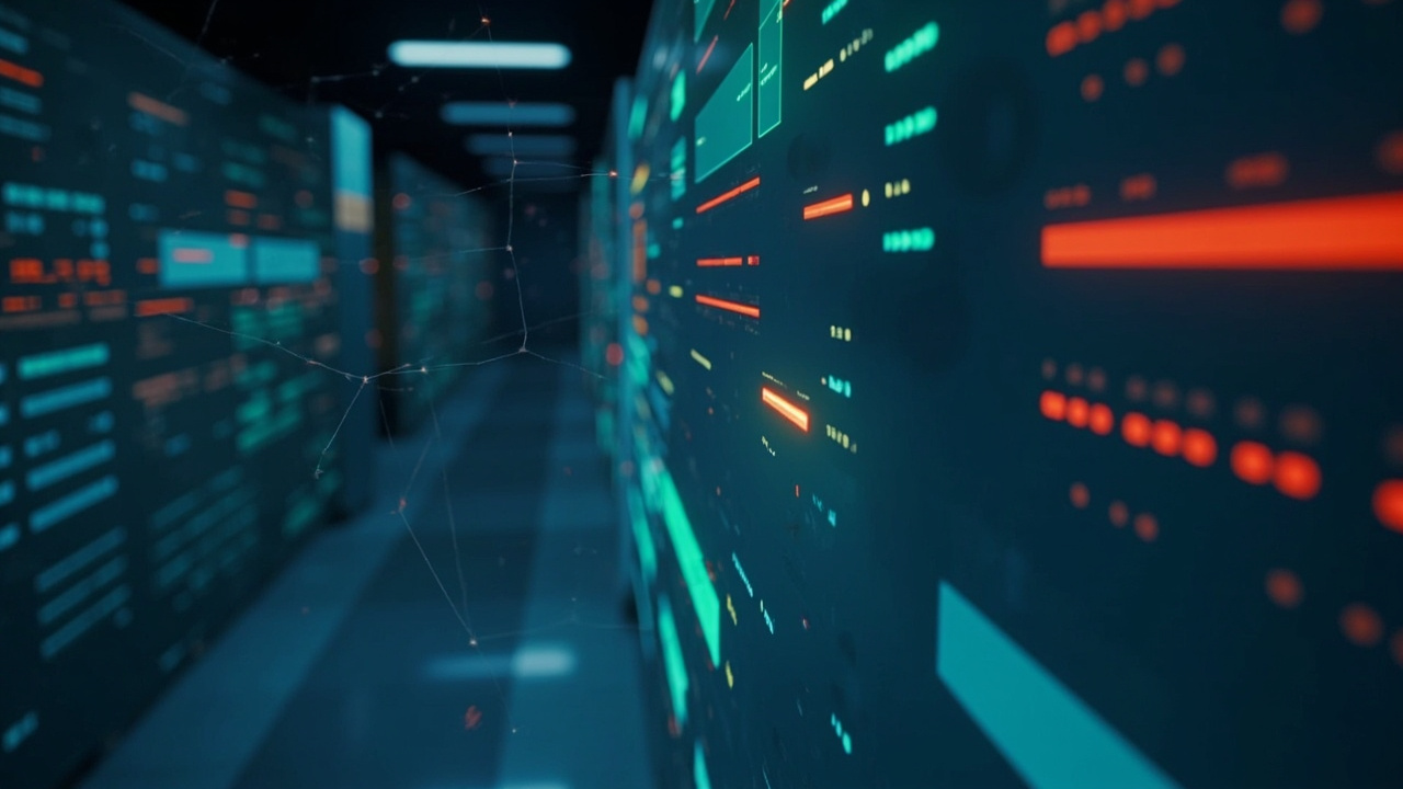 Imagen generada por IA con el prompt: Flat editorial illustration of a server room dashboard with red and green status indicators, floating chat bubbles disconnected by broken lines, muted blue and orange palette, no logos or faces.