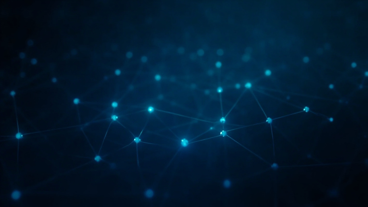 Imagen generada por IA con el prompt: Glowing nodes and lines forming a knowledge graph on dark blue background, minimalist tech illustration representing persistent AI memory, no text