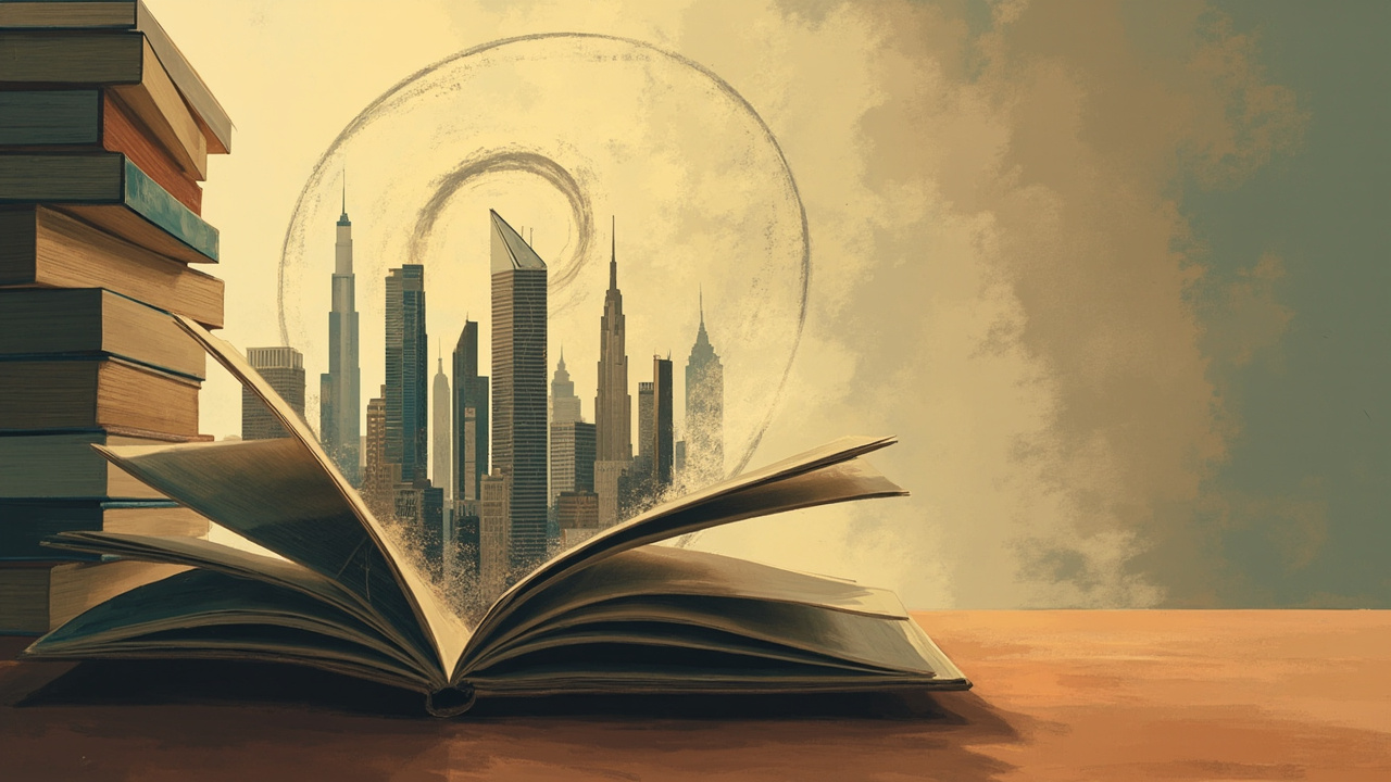 Imagen generada por IA con el prompt: Editorial illustration: a stack of business books on a desk, one open showing a corporate skyline morphing into a downward spiral, warm muted tones, minimalist style, no faces or logos