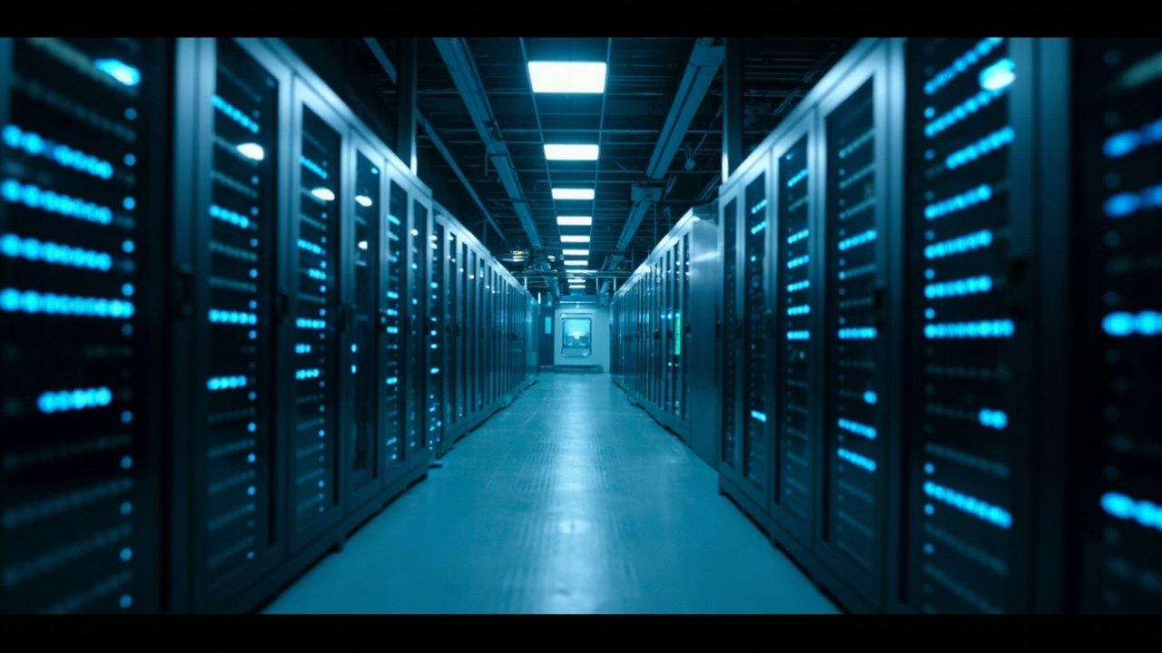 Imagen generada por IA con el prompt: A modern data center with rows of server racks, blue LED lights, and a clean, professional atmosphere. No people. Abstract representation of AI infrastructure, servers, and hardware. High-tech, elegant, silent.