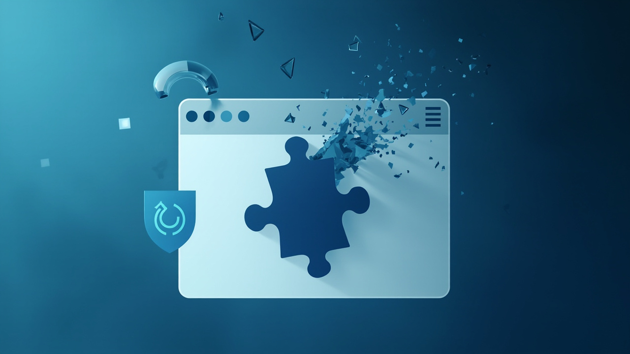 Imagen generada por IA con el prompt: Editorial illustration of a shattered puzzle-piece browser extension icon over a gradient Chrome window, surrounded by floating code brackets and a fading shield symbol, digital flat style, cool blue and grey palette.