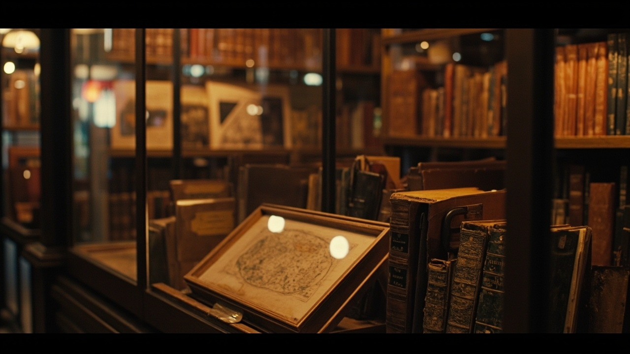Imagen generada por IA con el prompt: Antique book fair booth with warm amber lighting, leather-bound rare books stacked on wooden shelves, vintage maps and manuscripts in glass cases, soft bokeh background, editorial style