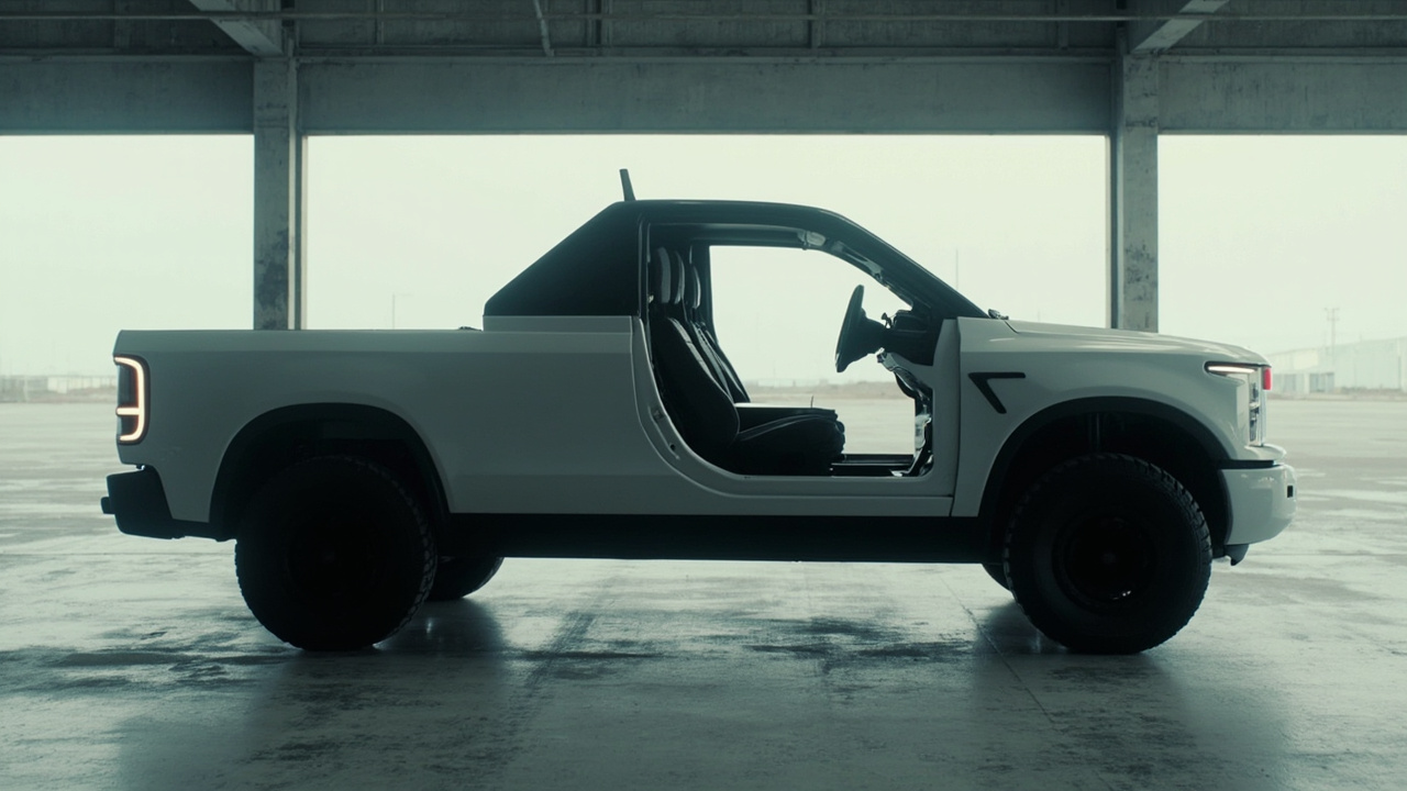 Imagen generada por IA con el prompt: Minimalist electric pickup truck in a clean industrial garage, stripped-down design with no infotainment screen, two-seat cabin visible, neutral gray and white tones, editorial automotive photo