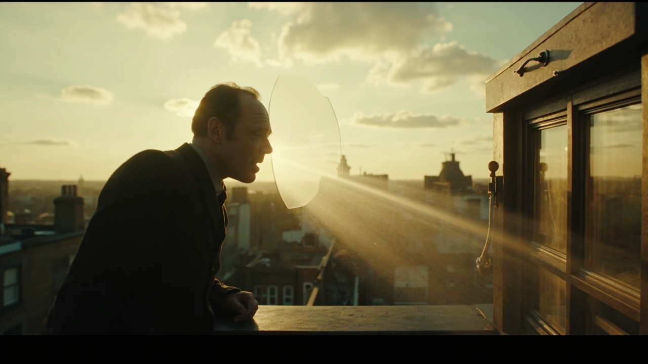 Imagen generada por IA con el prompt: Victorian-era rooftop scene: a man speaks into a thin flexible mirror reflecting a sunbeam across rooftops toward a parabolic receiver mounted on a 19th-century laboratory window, soft sepia tones, scholarly atmosphere.