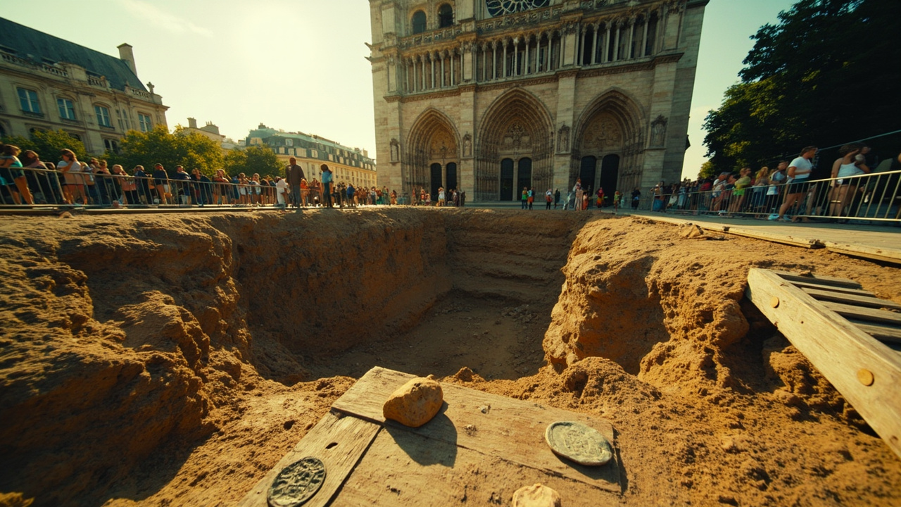Imagen generada por IA con el prompt: Editorial photo: open archaeological pit in front of Notre Dame cathedral, layers of earth visible, wooden walkway, shards of pottery and a Roman coin on display, tourists looking on from barriers, sunny Paris day, no re