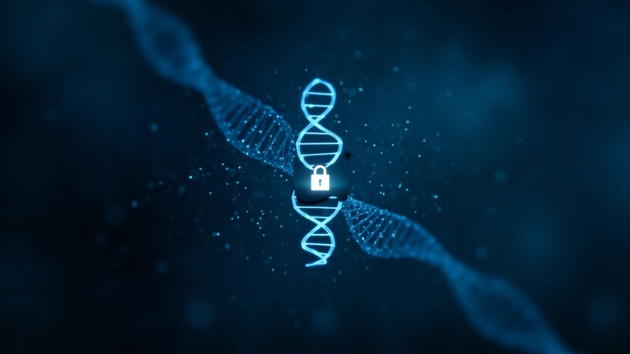 Imagen generada por IA con el prompt: Stylized illustration of a DNA double helix with a digital lock symbol, surrounded by transparent AI neural network nodes, against a dark blue background, editorial style, no faces, no text.