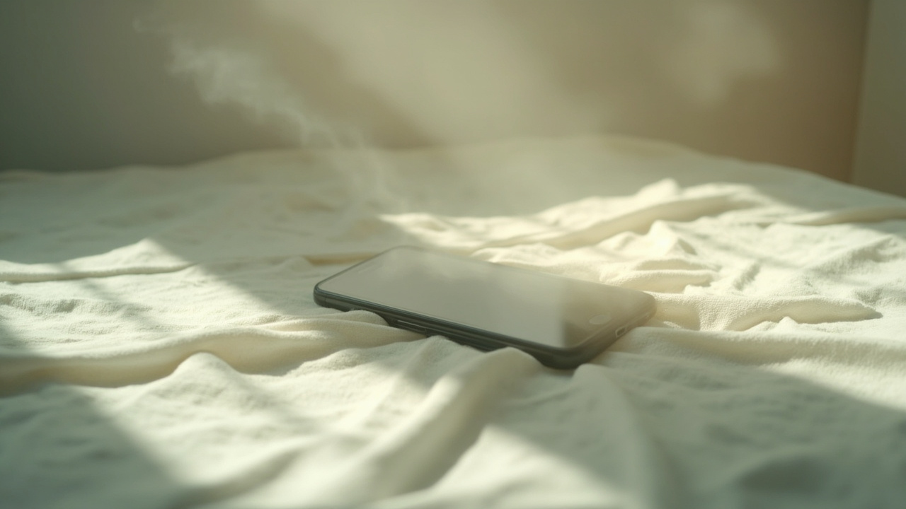 Imagen generada por IA con el prompt: smartphone resting on soft fabric with subtle expanding breath waveform above, minimal serene room, soft daylight, editorial illustration