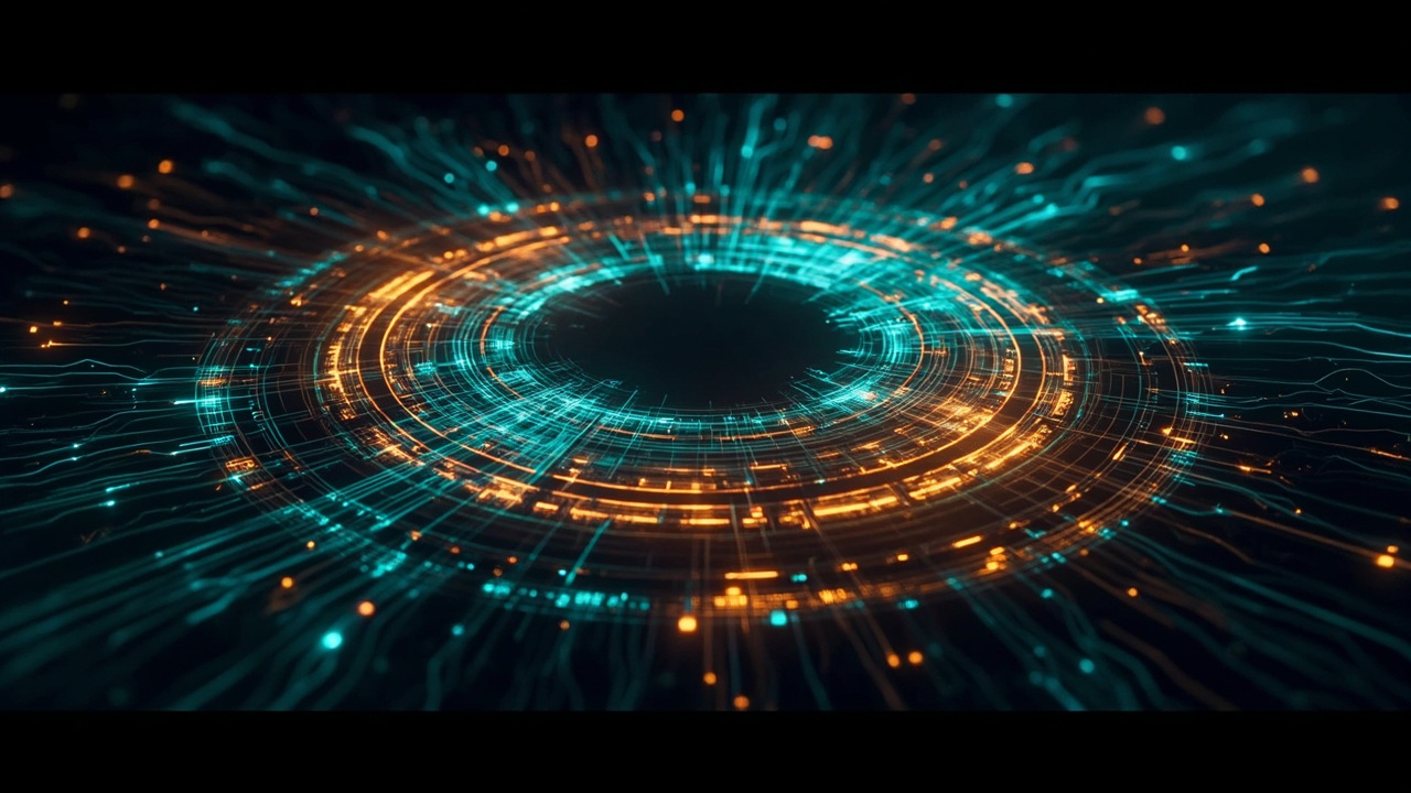 Imagen generada por IA con el prompt: Abstract editorial illustration of glowing data buffers flowing in a ring between user space and a Linux kernel, neon cyan and amber lines, dark background, technical schematic style, no text or logos.
