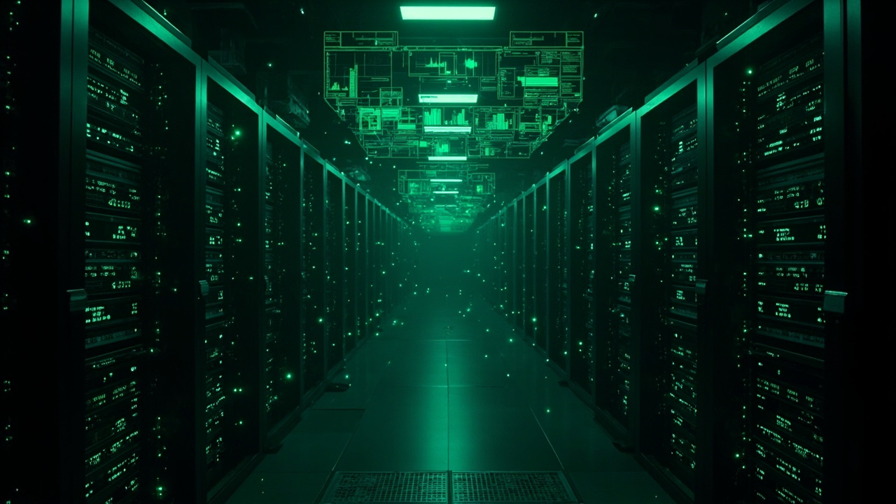 Imagen generada por IA con el prompt: Dim datacenter aisle with rows of GPU servers, glowing green telemetry overlays and digital metrics floating above the racks, futuristic editorial illustration, no people