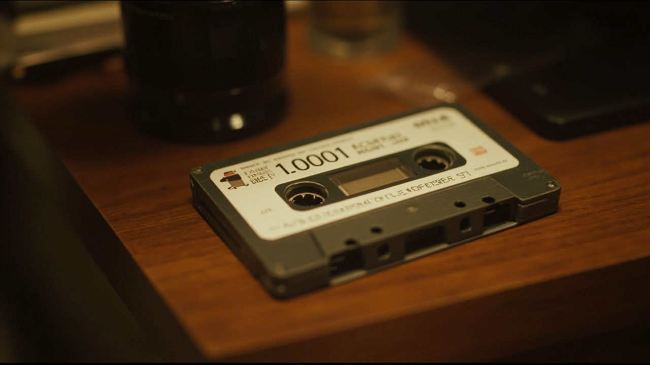 Imagen generada por IA con el prompt: Vintage 1987 audio cassette tape with subtle Apple Computer branding on a wooden desk, warm soft lighting, nostalgic retro atmosphere, no people or legible text visible