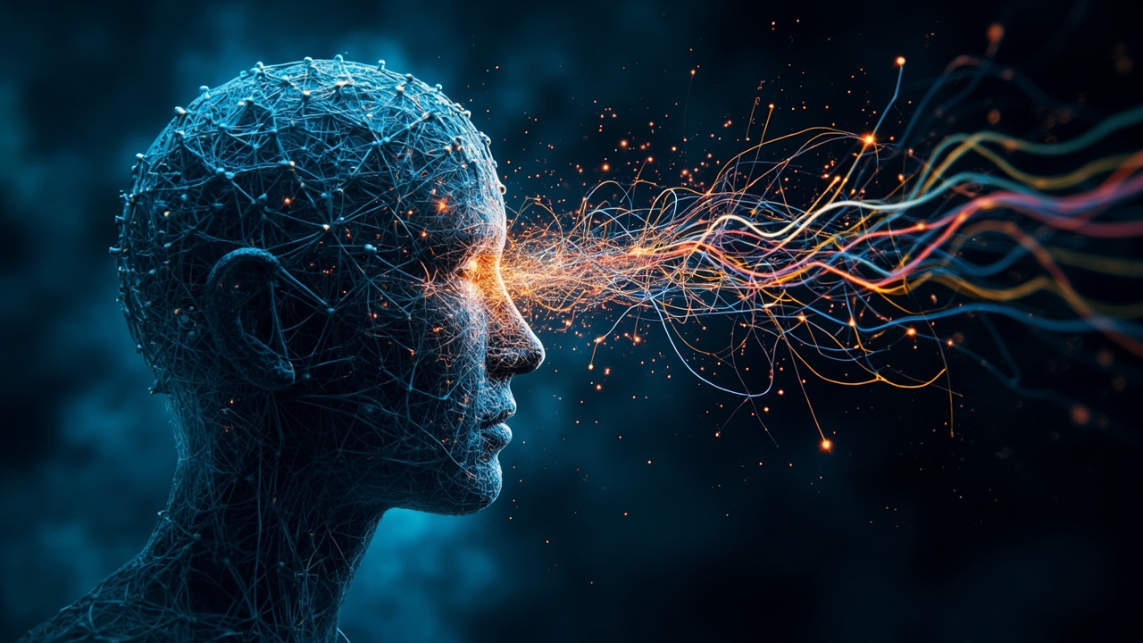 Imagen generada por IA con el prompt: Abstract conceptual illustration: a glowing transformer neural network grid on one side, a human brain silhouette on the other, with tangled competing colored threads between them symbolizing cognitive conflict, dark blu