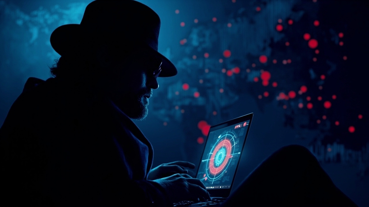 Imagen generada por IA con el prompt: Stylized illustration of a spy silhouette using a laptop with LinkedIn interface, glowing target icon, world map background, blue and red colors, no text, no faces.