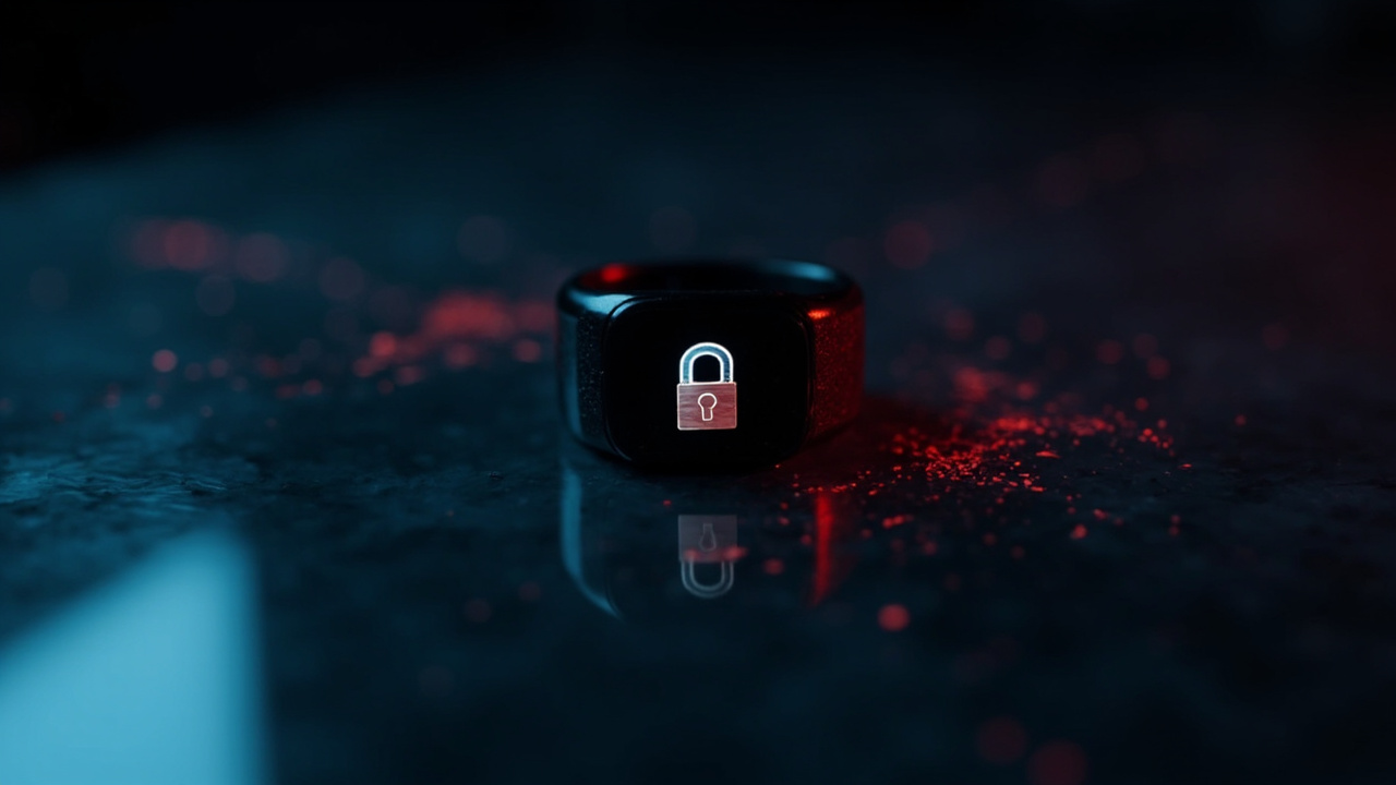 Imagen generada por IA con el prompt: A sleek black smart ring on a dark reflective surface with subtle red digital glitch effects and a faint padlock icon overlay, moody editorial tech photography, cool blue lighting.