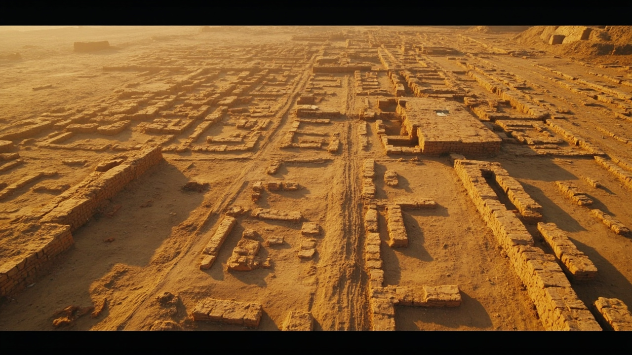 Imagen generada por IA con el prompt: Aerial view of ancient Indus Valley archaeological ruins with grid-pattern brick buildings and open drainage channels, warm sandy tones, editorial archaeology style, no text or faces