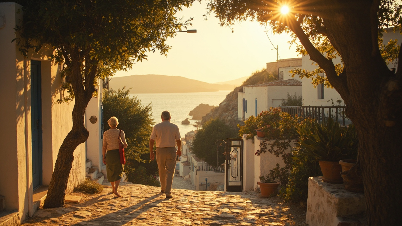 Imagen generada por IA con el prompt: Sunlit Mediterranean coastal village with whitewashed houses, olive trees, and elderly silhouettes walking along a stone path, calm sea in background, warm tones, editorial photojournalism