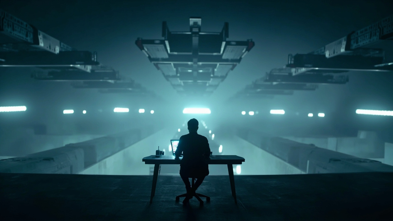 Imagen generada por IA con el prompt: A lone person at a desk with a glowing laptop, surrounded by a vast empty digital landscape with many identical platforms floating in the distance, conveying isolation and competition.