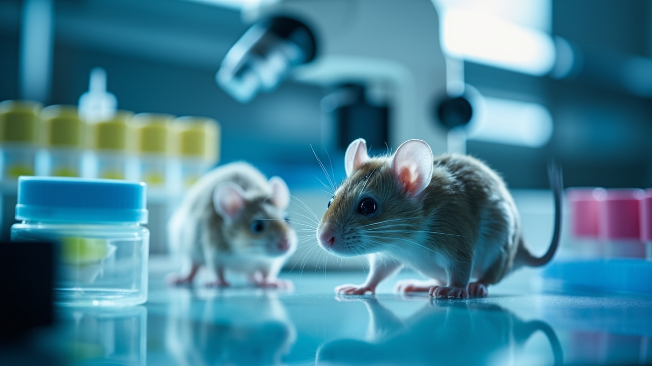 Imagen generada por IA con el prompt: Laboratory mice in immunology research, microscope and test tubes on a bench, soft blue and white clinical lighting, scientific concept illustration