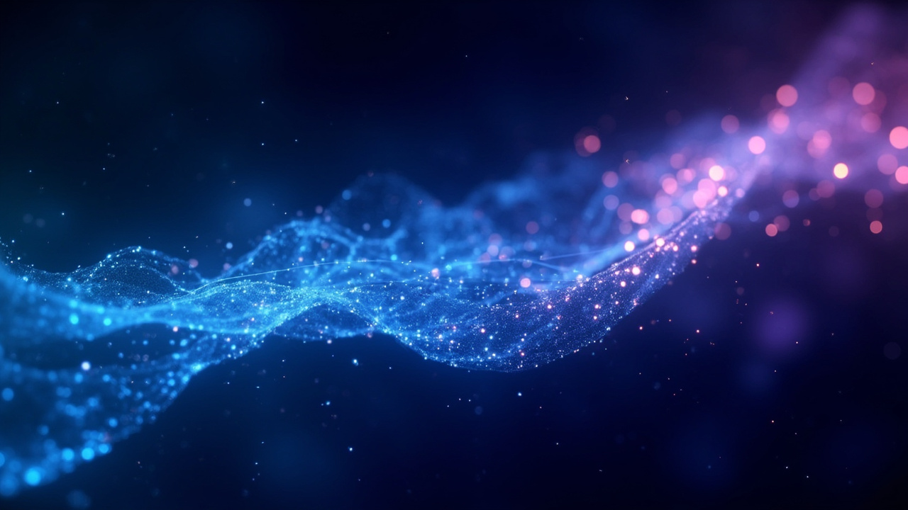 Imagen generada por IA con el prompt: Abstract scientific illustration of glowing quantum particles linked by luminous threads forming a curved space-time fabric, deep blue and purple tones, with a subtle grid warping under a central node, editorial style