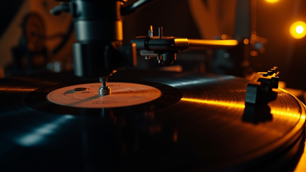 Imagen generada por IA con el prompt: A professional black vinyl record cutting lathe in a dimly lit mastering studio, prominent tonearm and cutting head above a spinning lacquer disc, warm amber studio lighting, analog audio aesthetic