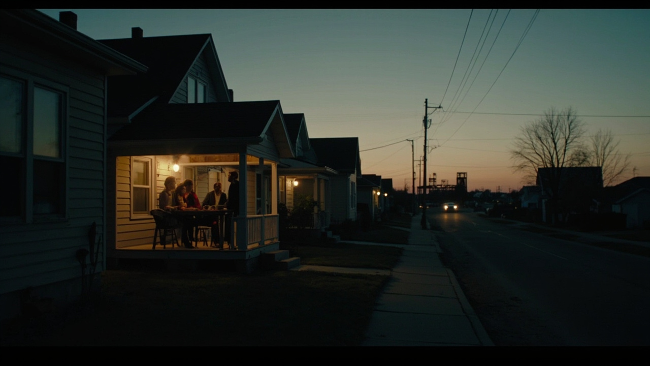 Imagen generada por IA con el prompt: A small American midwest town with modest residential houses at dusk, a few people gathered on a porch in tense discussion, a distant industrial construction site silhouette on the horizon, photorealistic editorial style